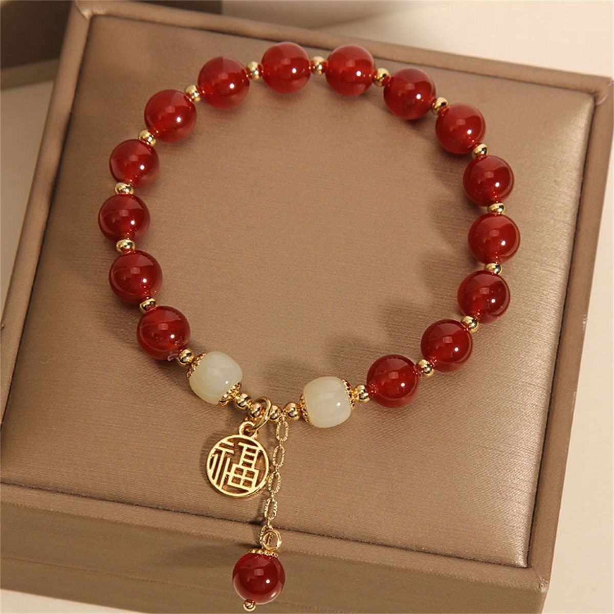 Retro Chinese-style Red Agate Fu Character Charm Bracelet For Inviting Good Fortune