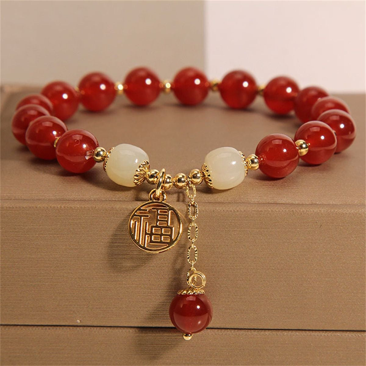 Retro Chinese-style Red Agate Fu Character Charm Bracelet For Inviting Good Fortune