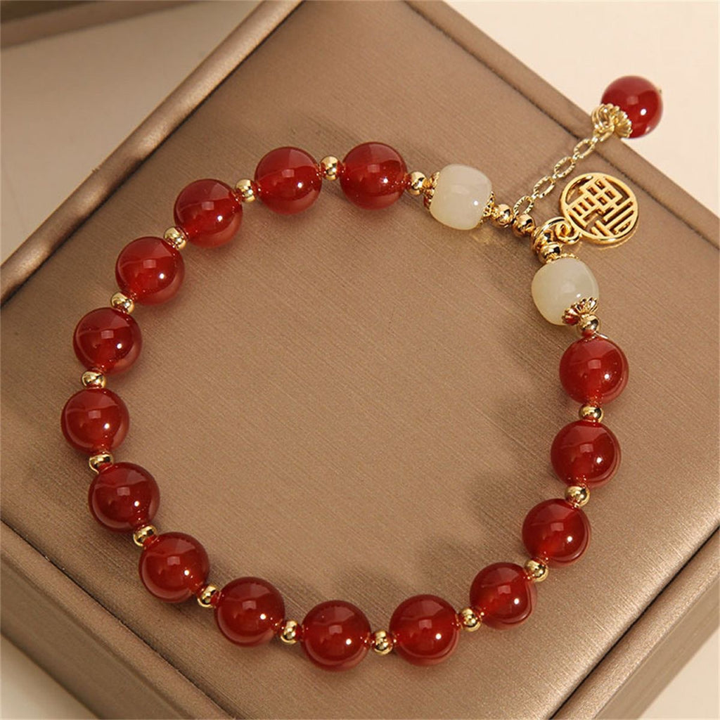 Retro Chinese-style Red Agate Fu Character Charm Bracelet For Inviting Good Fortune